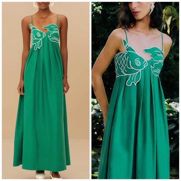 Farm Rio Green Fish Top Maxi Midi Dress Linen White - With Tags - Size Large - Picture 1 of 10